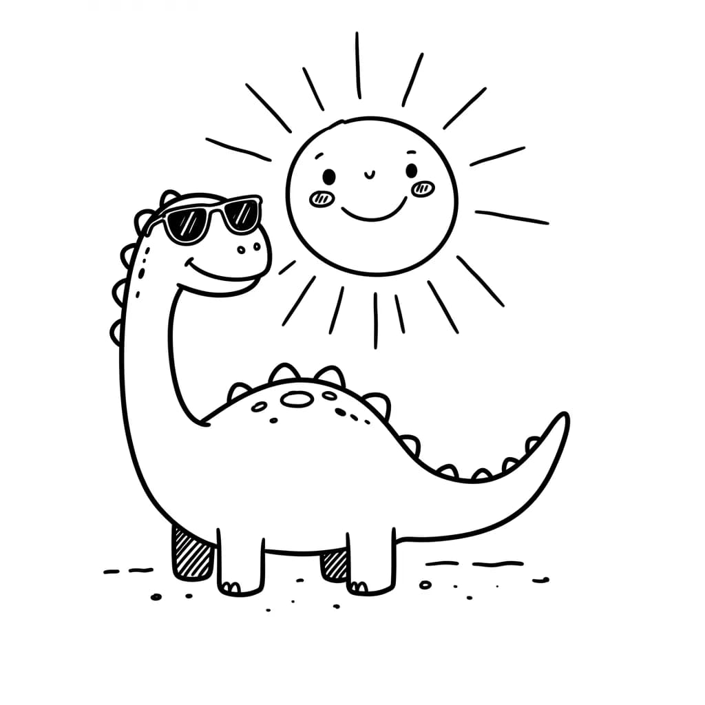 Dinosaurus Een leuke en eenvoudige dinosaurus tekening om zelf in te kleuren.