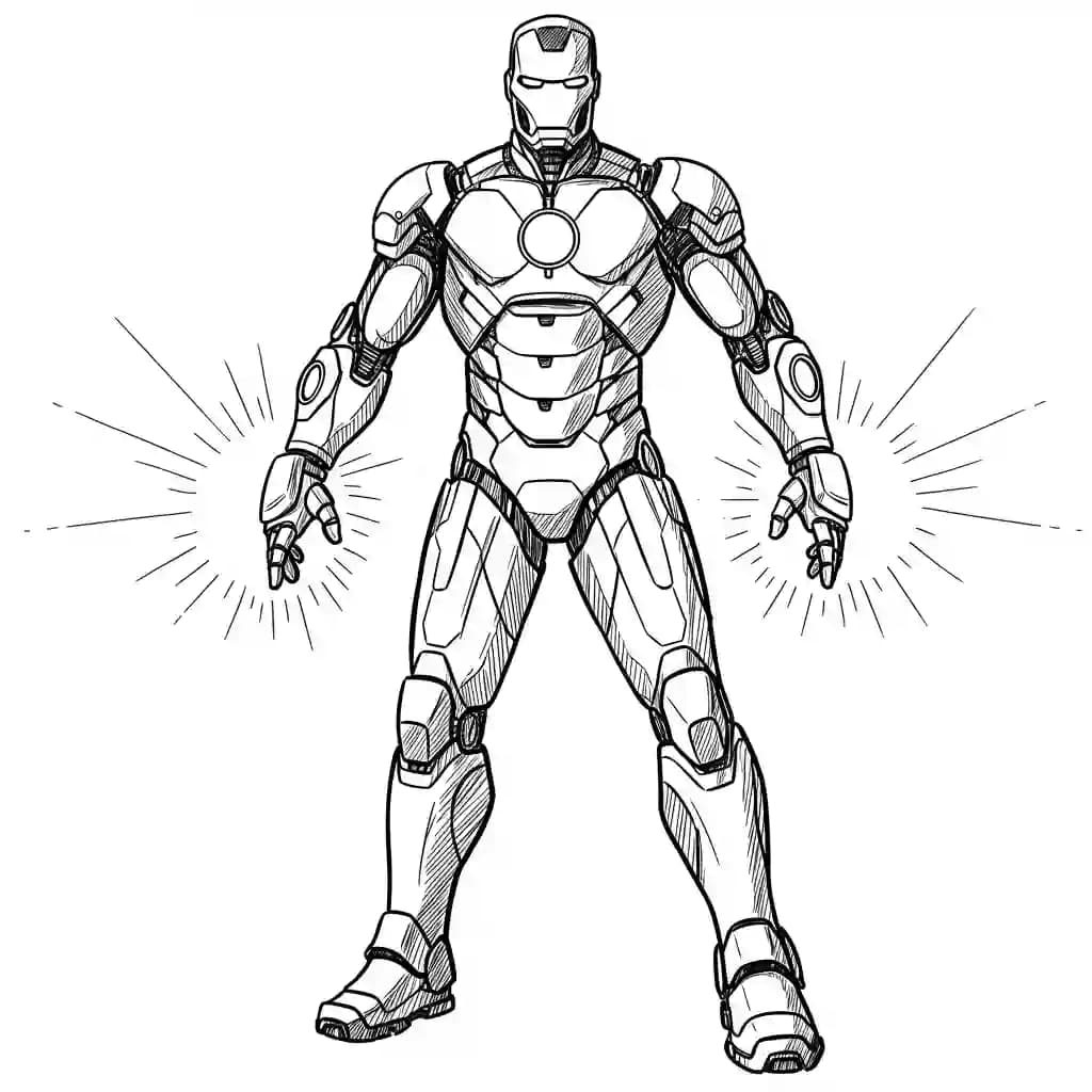 Iron Man Kleurplaat van Iron Man in een stoere superheldenpose om zelf in te kleuren.