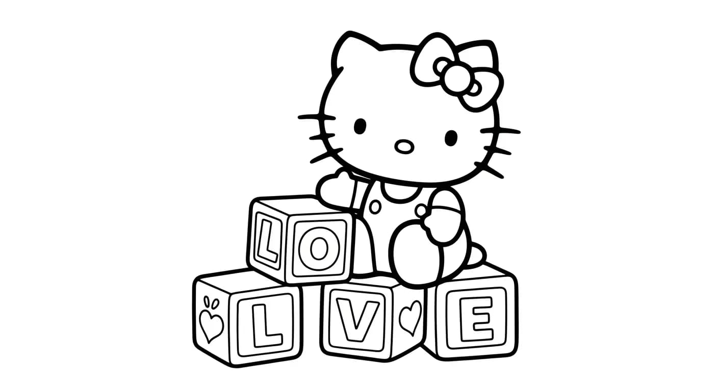 hello kitty Kleurplaat van hello kitty in een vrolijk en creatief thema om zelf in te kleuren.