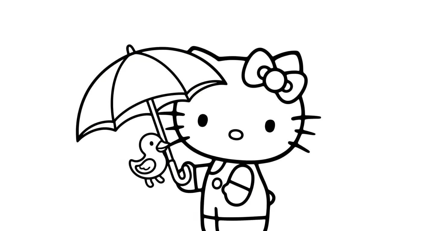hello kitty Kleurplaat van hello kitty in een vrolijk en creatief thema om zelf in te kleuren.
