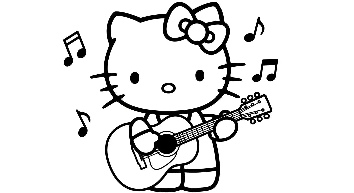 hello kitty Kleurplaat van hello kitty in een vrolijk en creatief thema om zelf in te kleuren.
