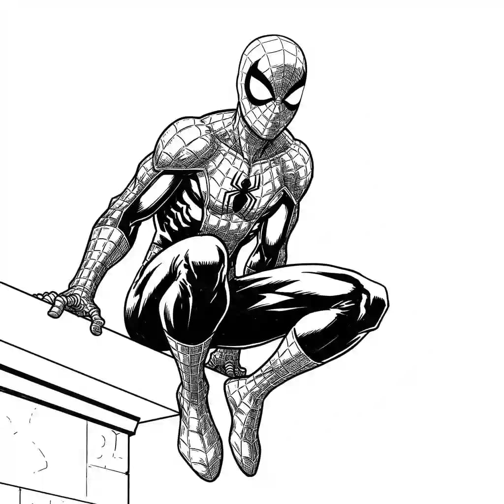 Spiderman Kleurplaat van Spiderman met een stoer superhelden thema om zelf in te kleuren.