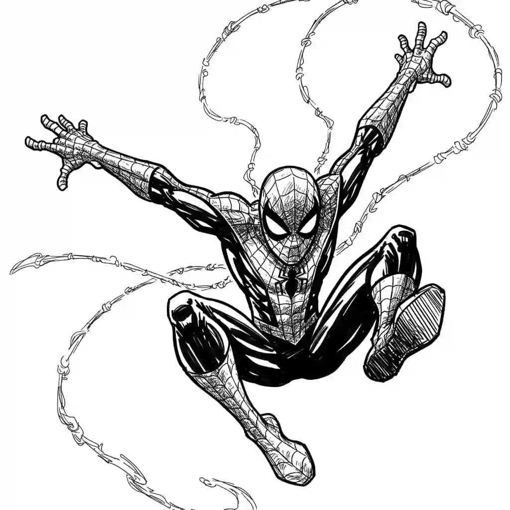 Spiderman Kleurplaat van Spiderman met een stoer superhelden thema om zelf in te kleuren.