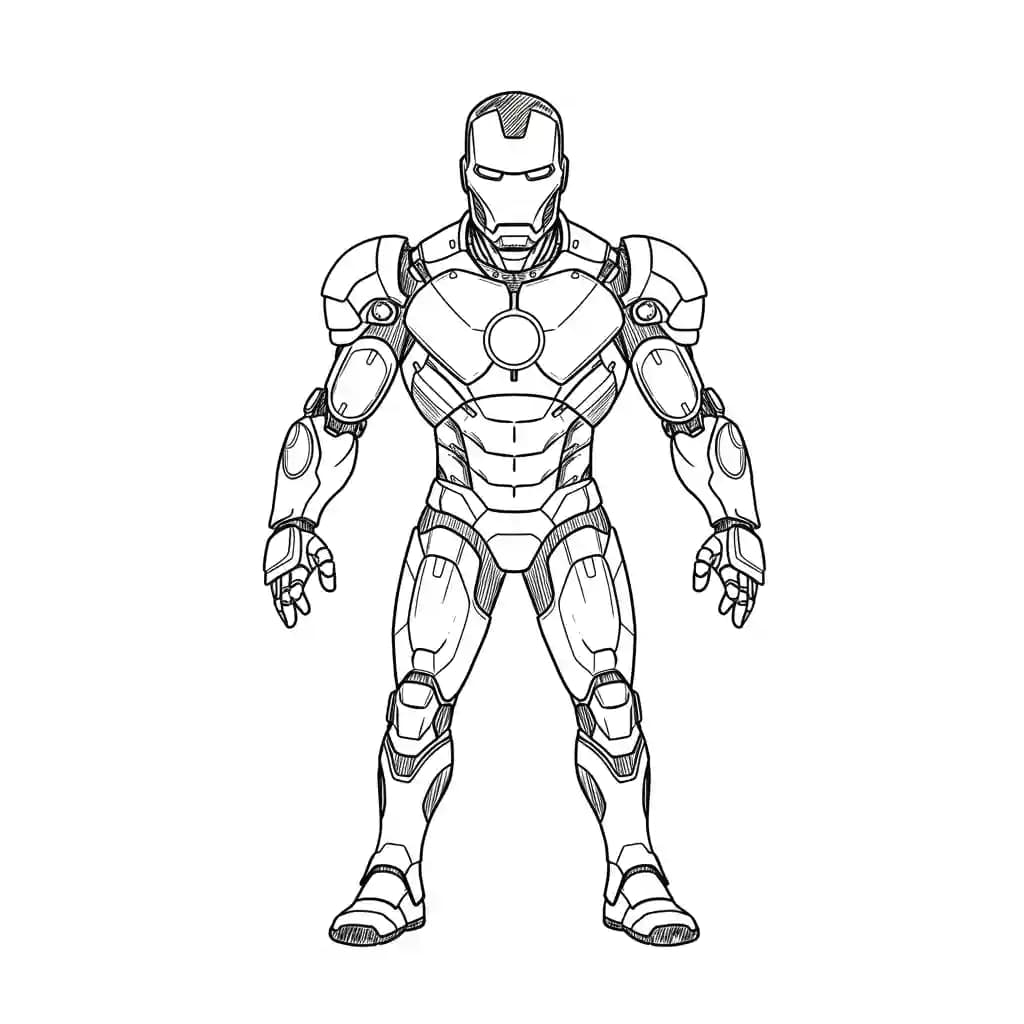 Iron Man Kleurplaat van Iron Man in een stoere superheldenpose om zelf in te kleuren.