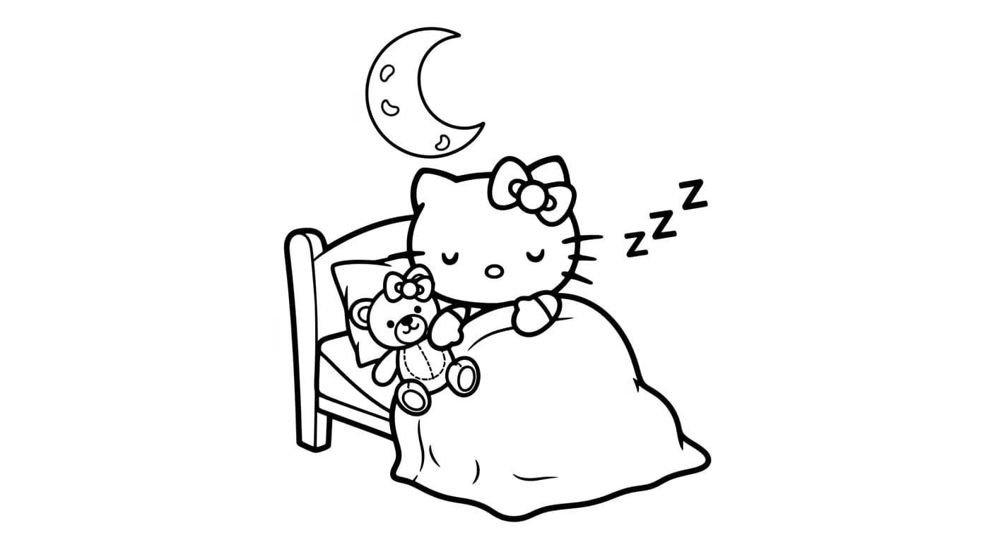 hello kitty Kleurplaat van hello kitty in een vrolijk en creatief thema om zelf in te kleuren.