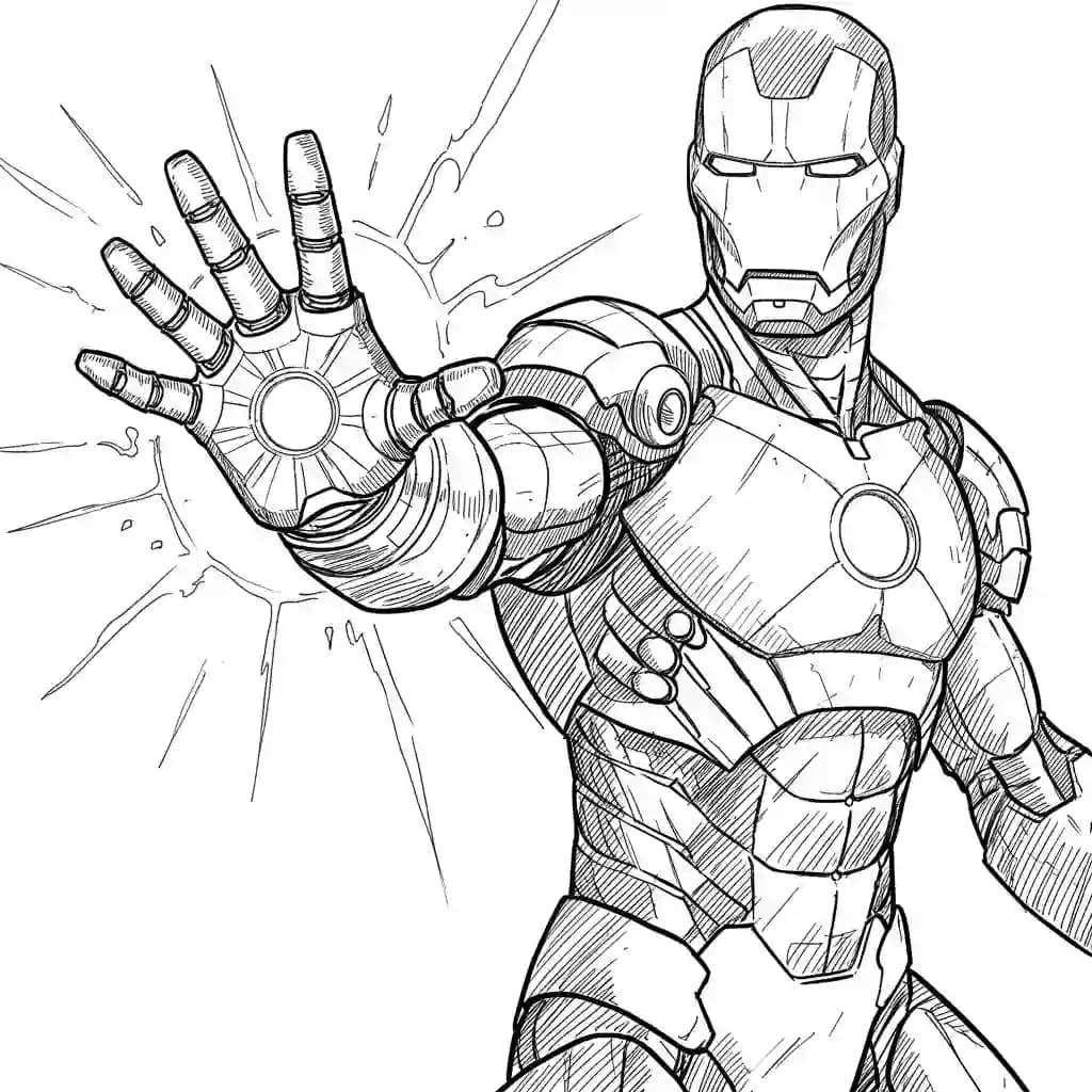 Iron Man Kleurplaat van Iron Man in een stoere superheldenpose om zelf in te kleuren.