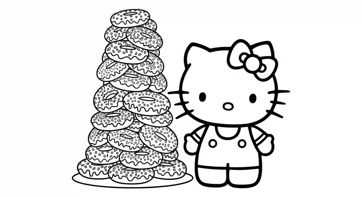 hello kitty Kleurplaat van hello kitty in een vrolijk en creatief thema om zelf in te kleuren.
