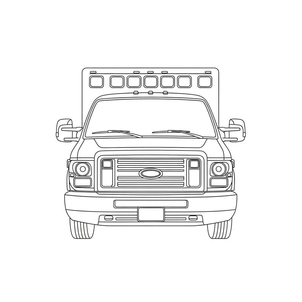 Ambulance Zwart-witte tekening van een ambulance om gratis te downloaden en in te kleuren.