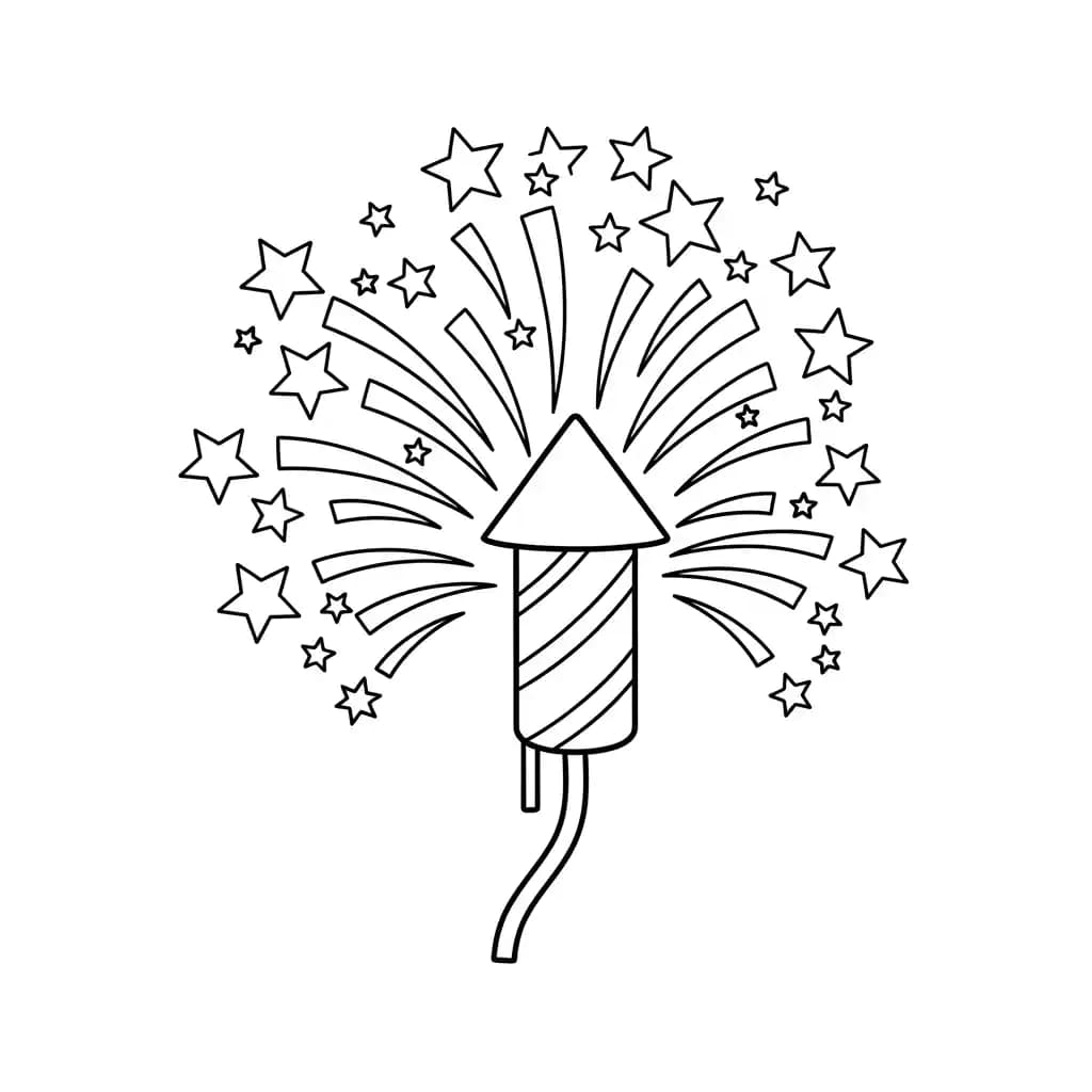 Vuurwerk Een vrolijke kleurplaat van vuurwerkexplosies met verschillende vormen en patronen.