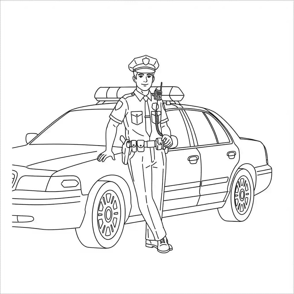 Politie Kleurplaat van de politie met een stoer en herkenbaar thema om zelf in te kleuren.