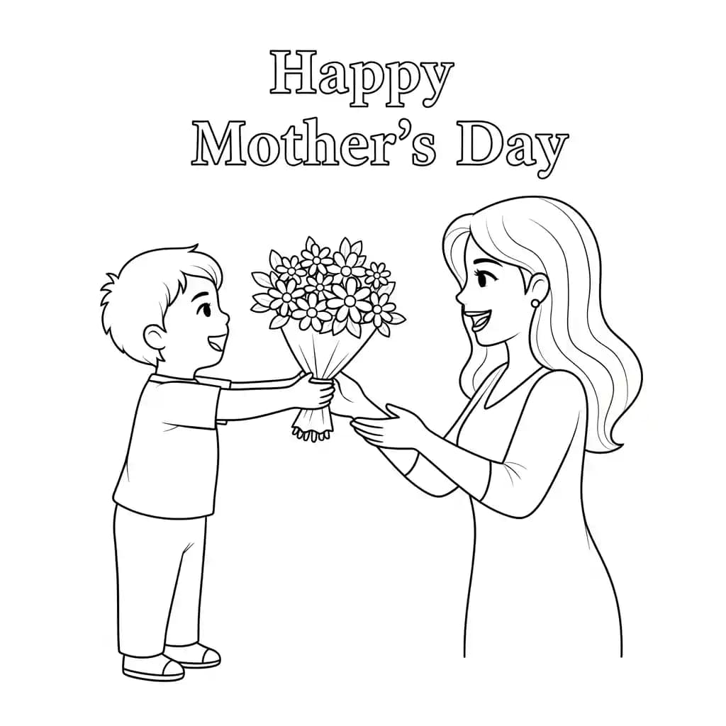 Moederdag Kleurplaat van Moederdag met een feestelijk en liefdevol thema om in te kleuren.