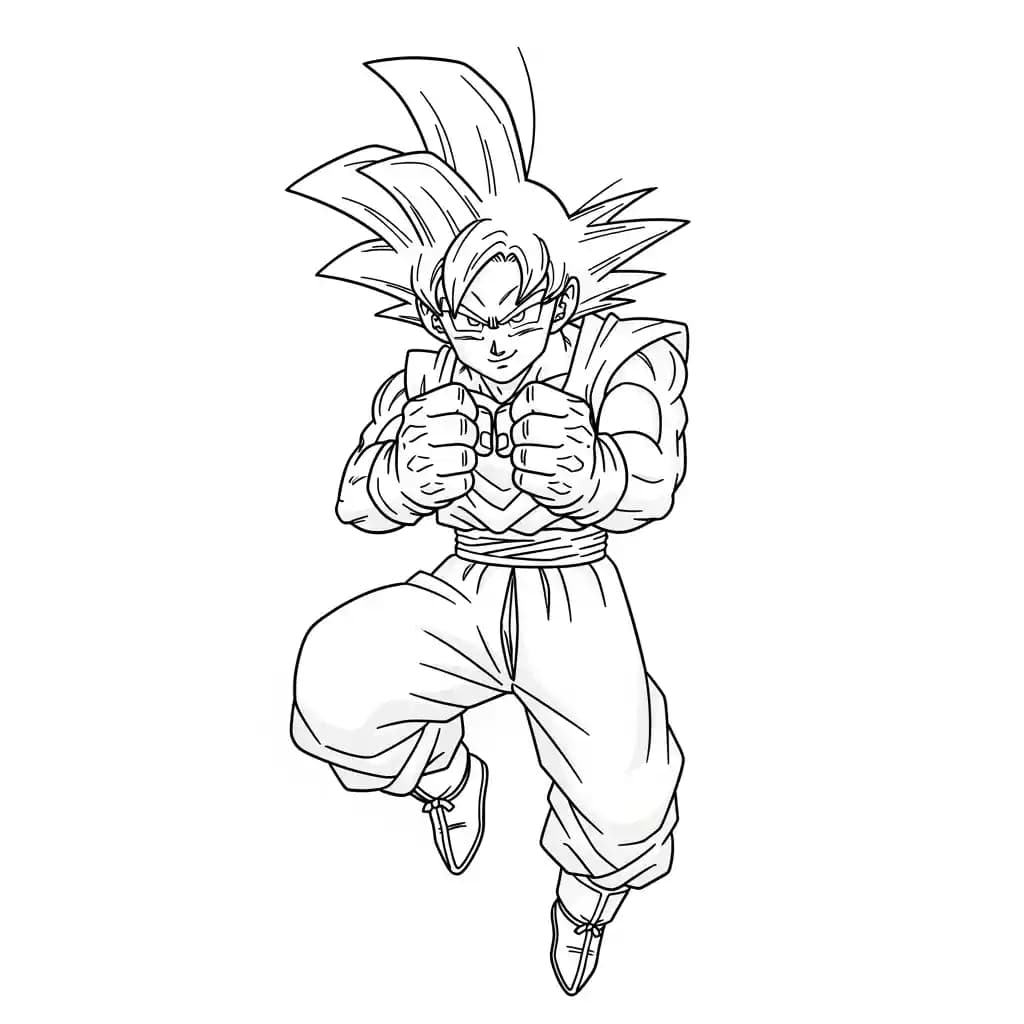 Goku kleurplaat schets kleurplaat van Goku in vechthouding met duidelijke lijnen om in te kleuren