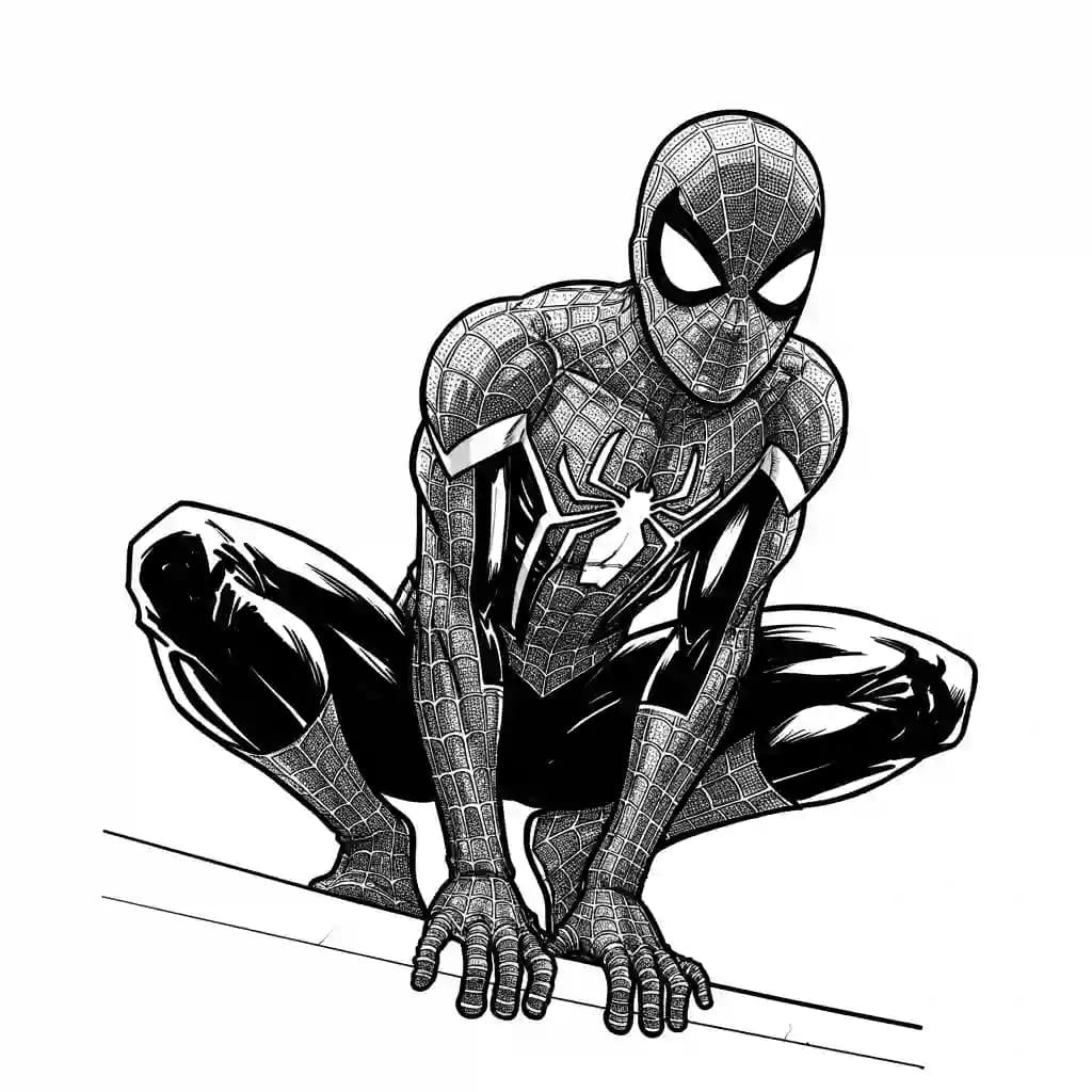 Spiderman Kleurplaat van Spiderman met een stoer superhelden thema om zelf in te kleuren.