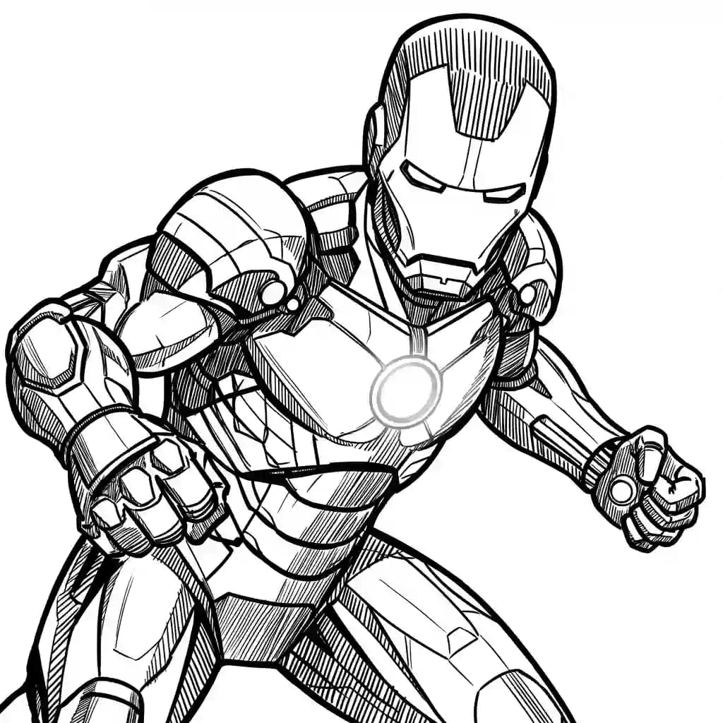 Iron Man Gratis kleurplaat van Iron Man in actie, leuk om zelf te printen en in te kleuren.