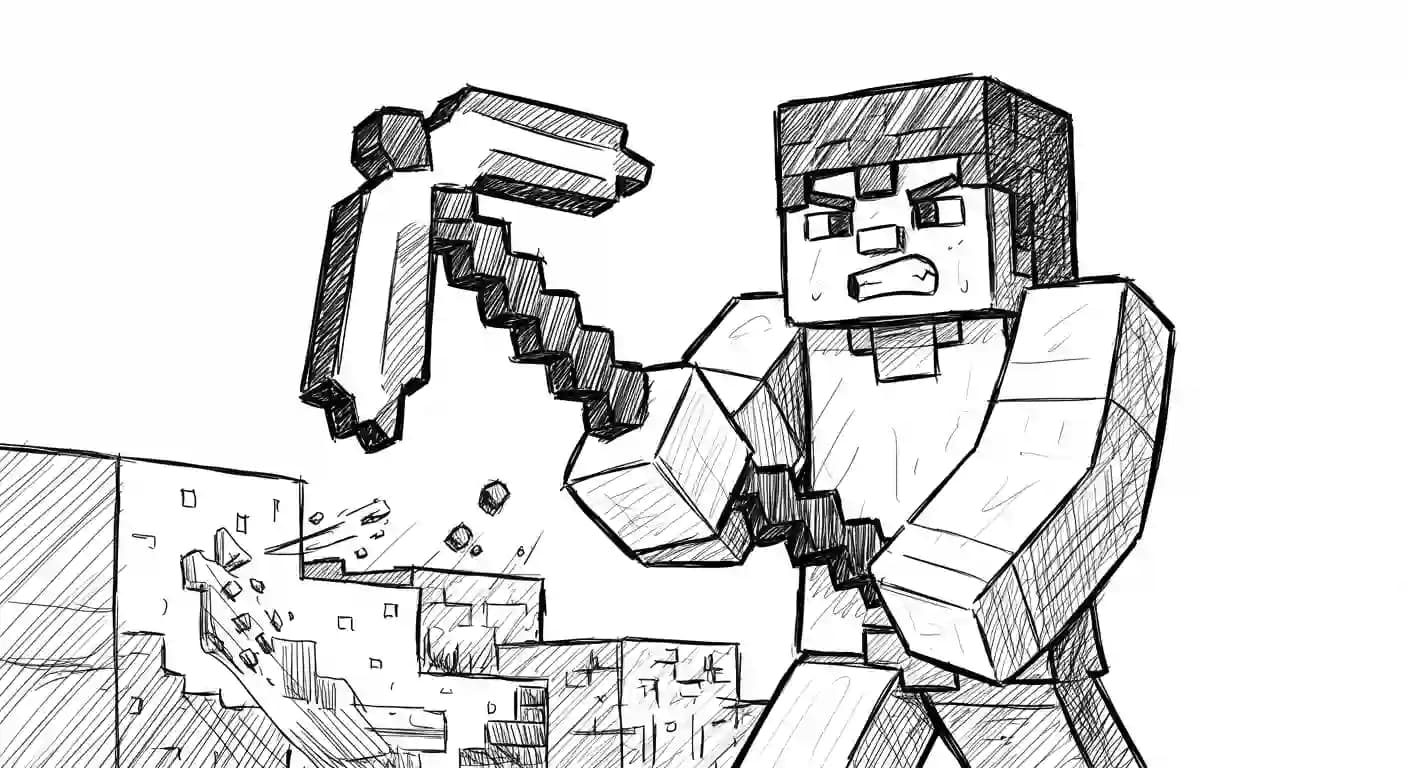 Minecraft Kleurplaat van Minecraft met bekende figuren en avontuurlijke elementen om zelf in te kleuren.
