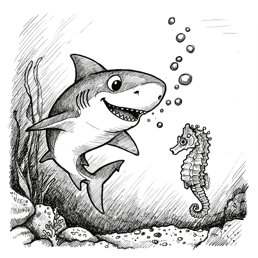 Haai Kleurplaat van een zwemmende Haai in zwart-wit, klaar om in te kleuren.