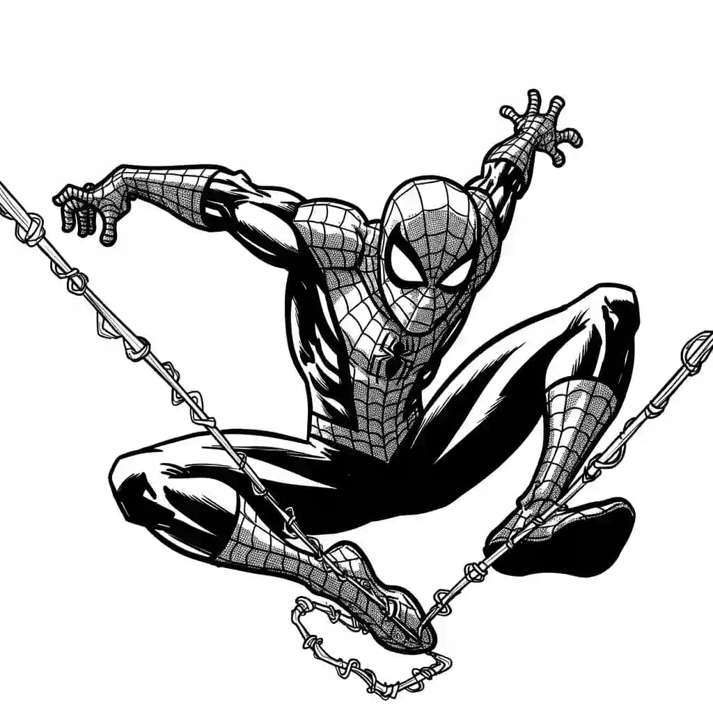 Spiderman Kleurplaat van Spiderman met een stoer superhelden thema om zelf in te kleuren.