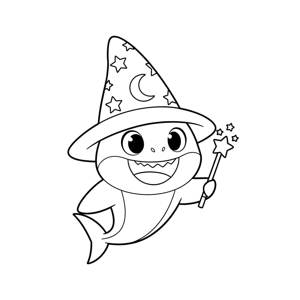 Baby Shark Kleurplaat Zwart-witte kleurplaat van Baby Shark, klaar om ingekleurd te worden door kinderen en volwassenen.