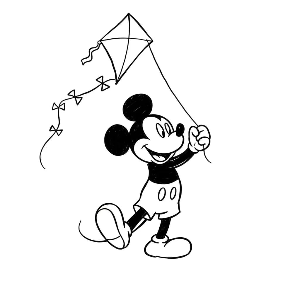 Mickey Mouse Kleurplaat van Mickey Mouse met een vrolijk en klassiek thema om in te kleuren.