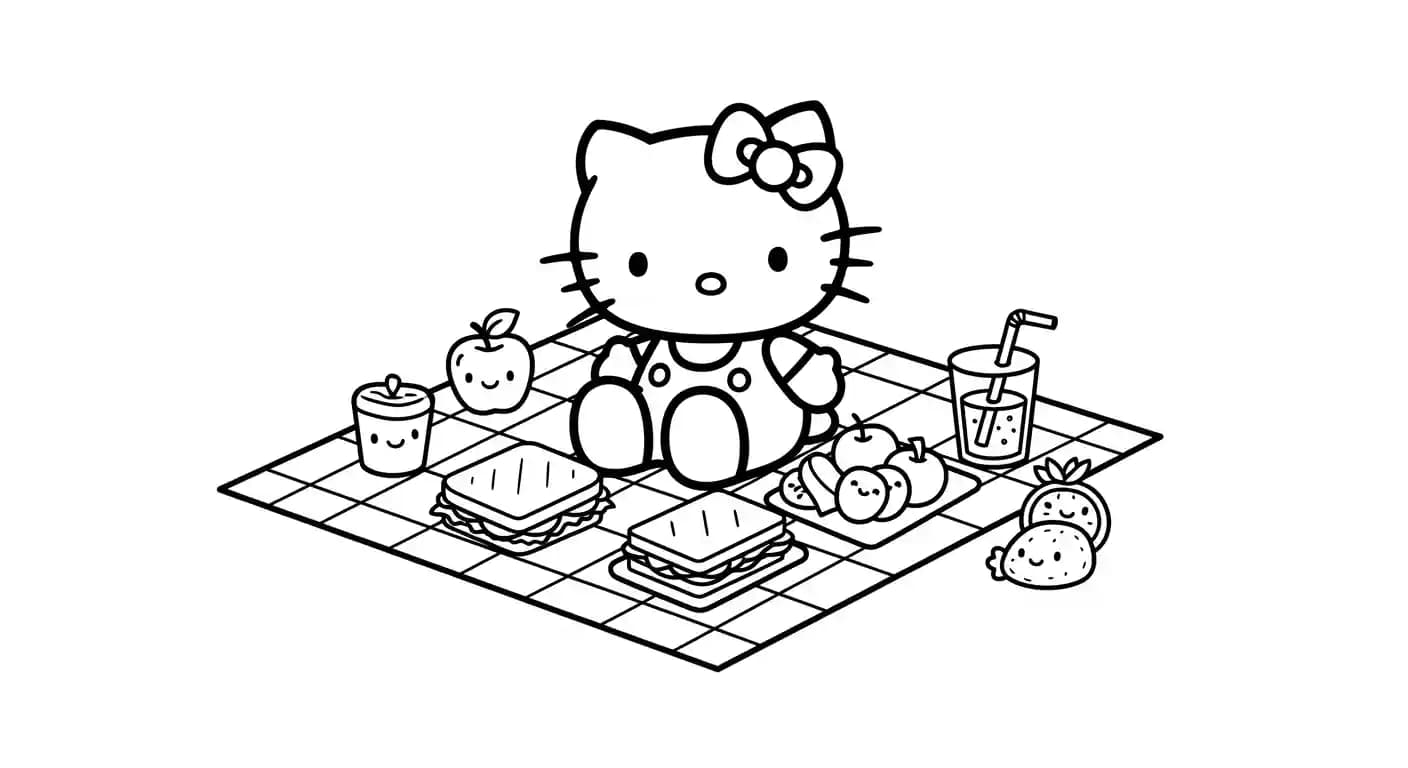 hello kitty Kleurplaat van hello kitty in een vrolijk en creatief thema om zelf in te kleuren.