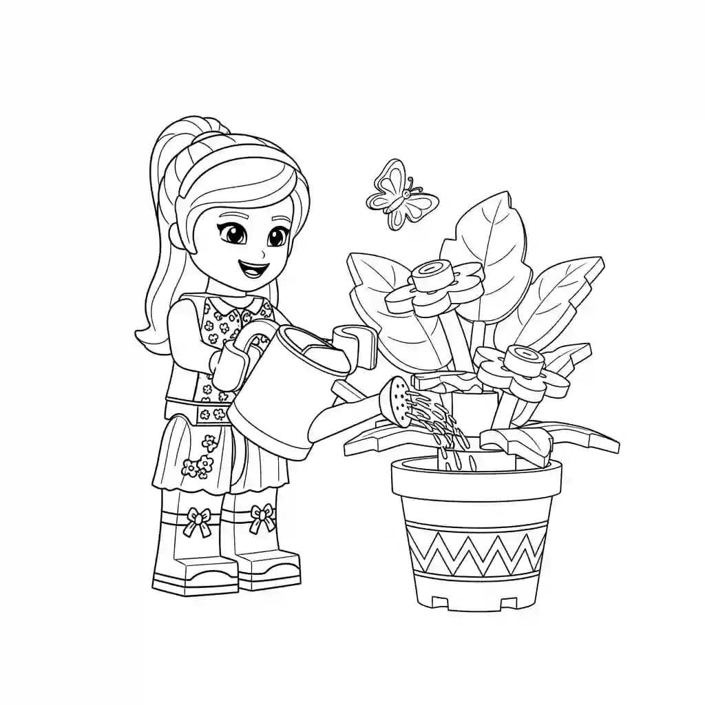Lego Friends Kleurplaat van Lego Friends met vrolijke personages en creatieve details om in te kleuren.