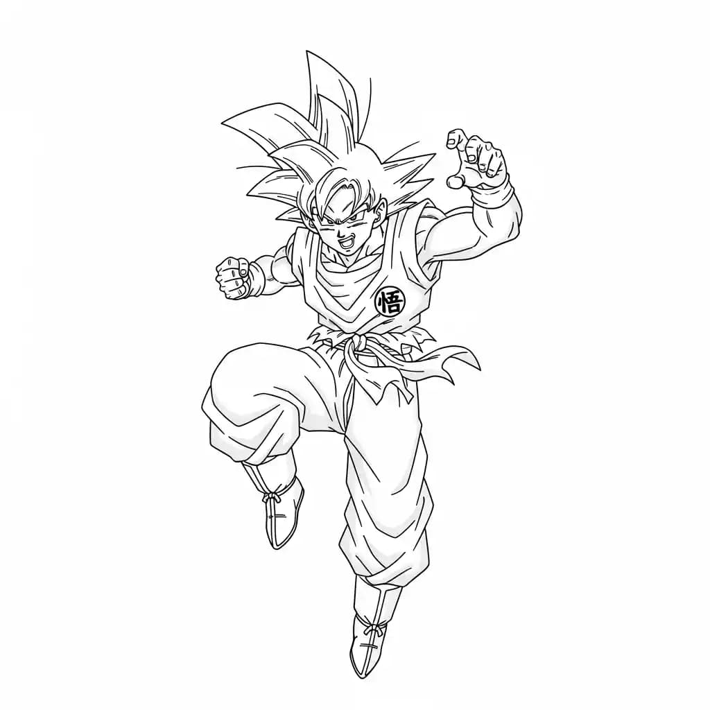 Goku kleurplaat schets kleurplaat van Goku in vechthouding met duidelijke lijnen om in te kleuren