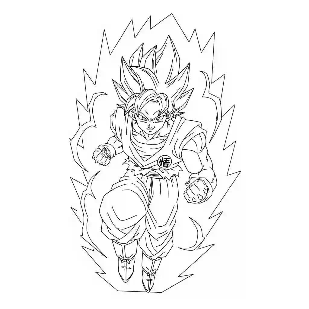 Goku kleurplaat schets kleurplaat van Goku in vechthouding met duidelijke lijnen om in te kleuren