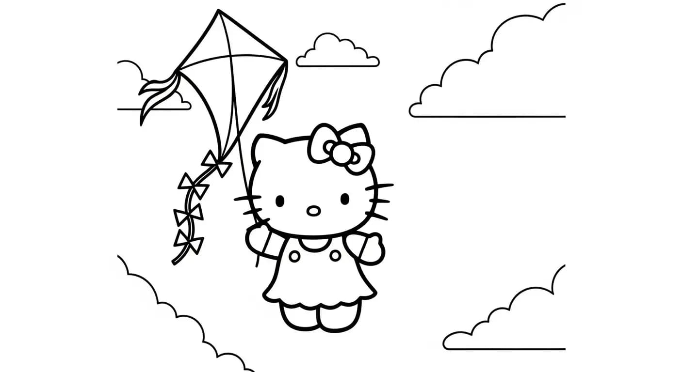 hello kitty Kleurplaat van hello kitty in een vrolijk en creatief thema om zelf in te kleuren.