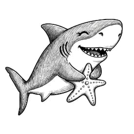 Haai Kleurplaat Kleurplaat van een zwemmende Haai in zwart-wit, klaar om in te kleuren.