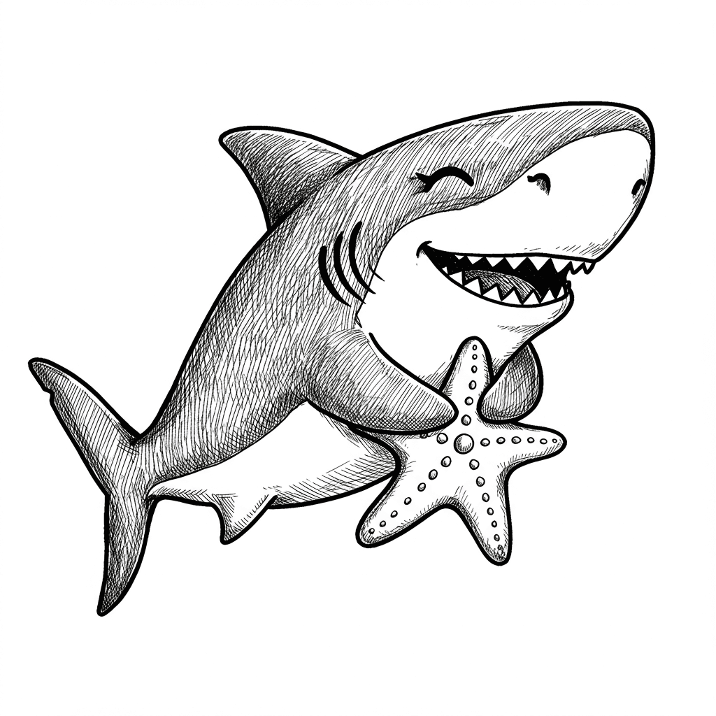 Haai Kleurplaat van een zwemmende Haai in zwart-wit, klaar om in te kleuren.