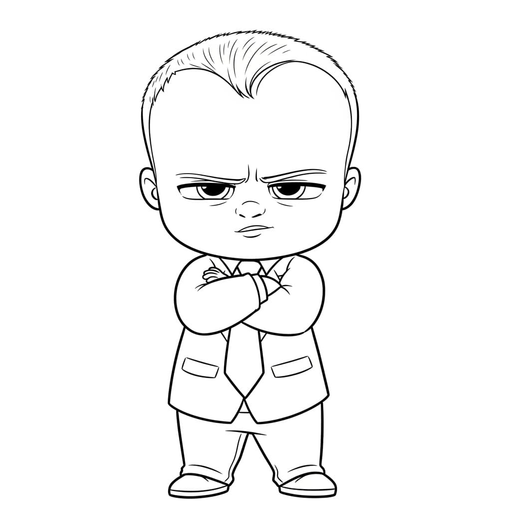 Boss Baby Grappige zwart-wit afbeelding van Boss Baby in pak, ideaal om in te kleuren.