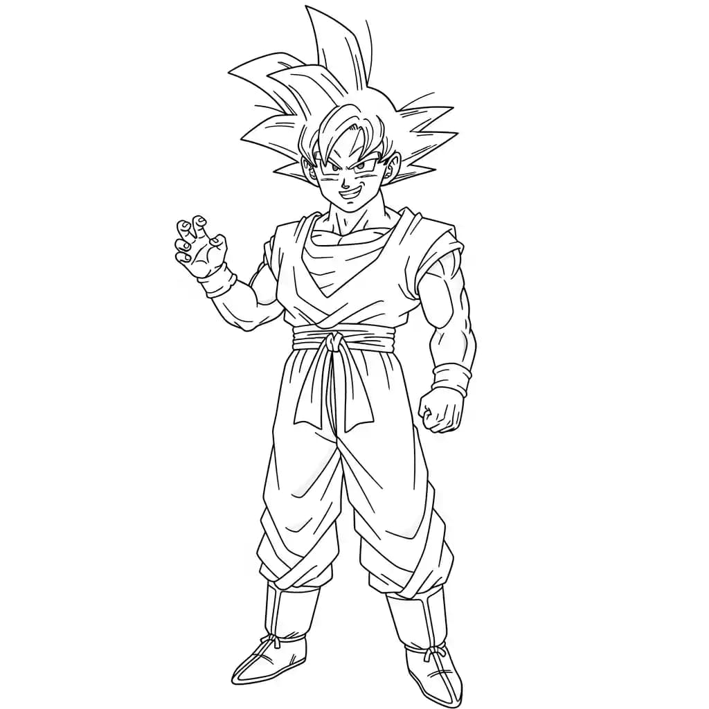 Goku kleurplaat schets kleurplaat van Goku in vechthouding met duidelijke lijnen om in te kleuren