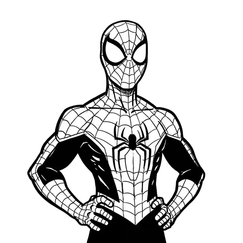 Spiderman Kleurplaat van Spiderman met een stoer superhelden thema om zelf in te kleuren.