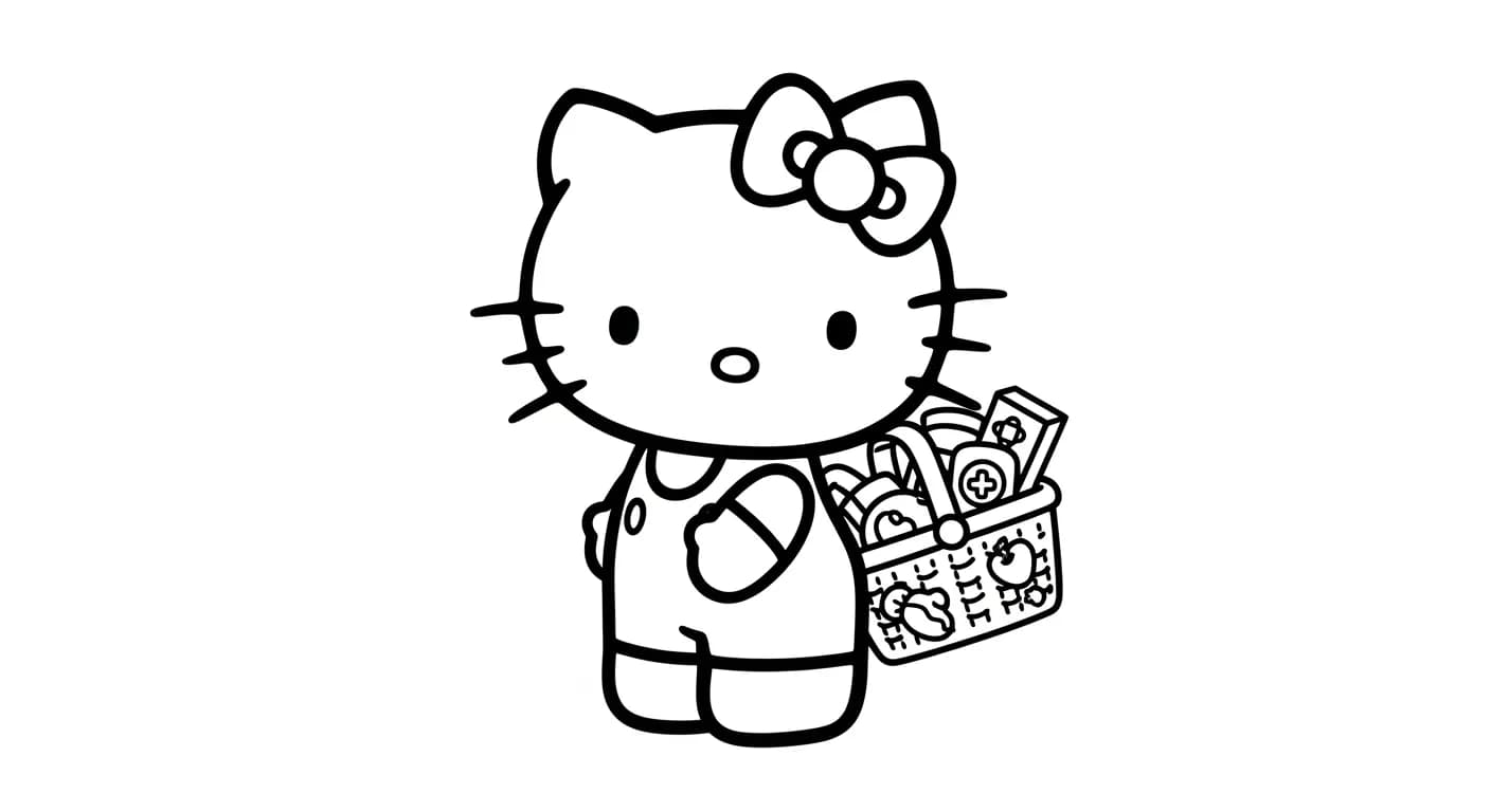 hello kitty Kleurplaat van hello kitty in een vrolijk en creatief thema om zelf in te kleuren.