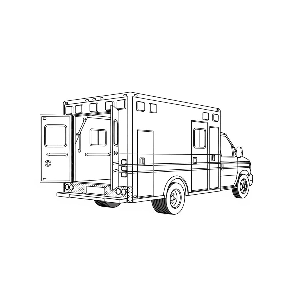 Ambulance Zwart-witte tekening van een ambulance om gratis te downloaden en in te kleuren.