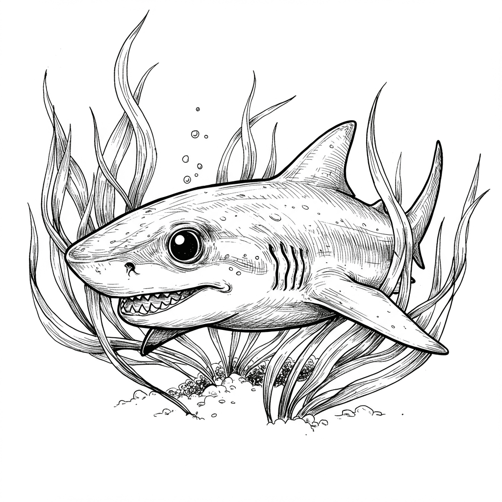 Haai Kleurplaat van een zwemmende Haai in zwart-wit, klaar om in te kleuren.
