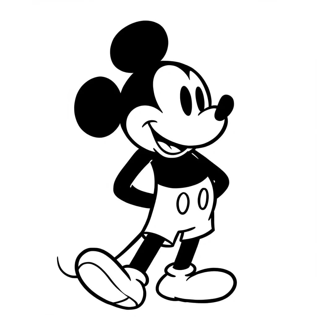 Mickey Mouse Kleurplaat van Mickey Mouse met een vrolijk en klassiek thema om in te kleuren.