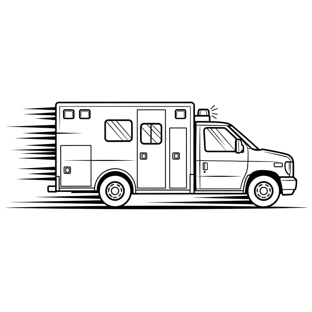 Ambulance Zwart-witte tekening van een ambulance om gratis te downloaden en in te kleuren.