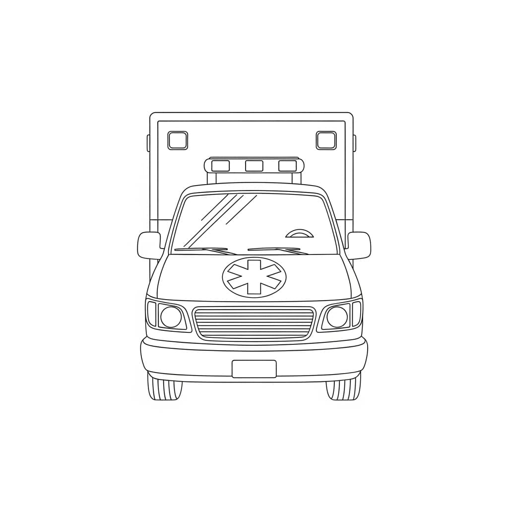 Ambulance Zwart-witte tekening van een ambulance om gratis te downloaden en in te kleuren.