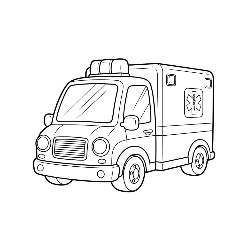 Ambulance Zwart-witte tekening van een ambulance om gratis te downloaden en in te kleuren.