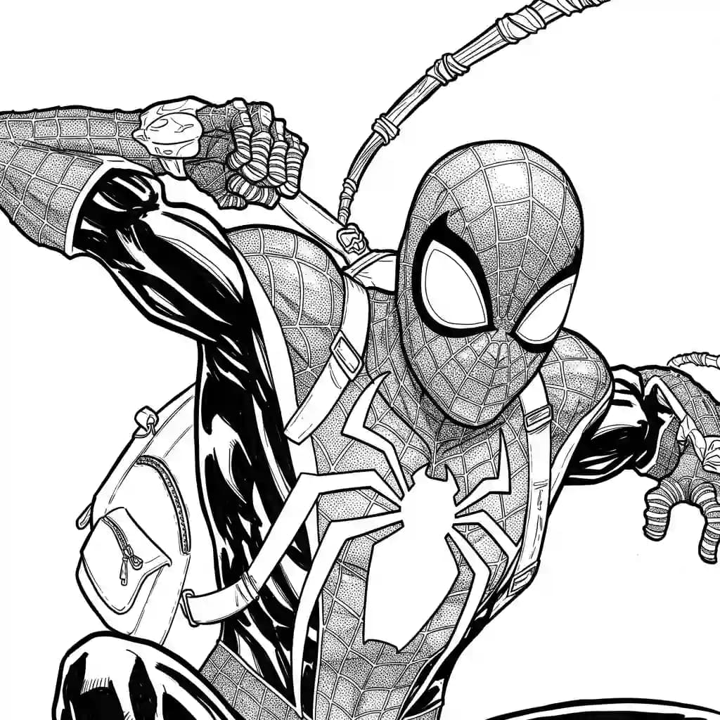 Spiderman Kleurplaat van Spiderman met een stoer superhelden thema om zelf in te kleuren.