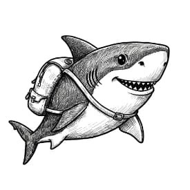 Haai Kleurplaat Kleurplaat van een zwemmende Haai in zwart-wit, klaar om in te kleuren.