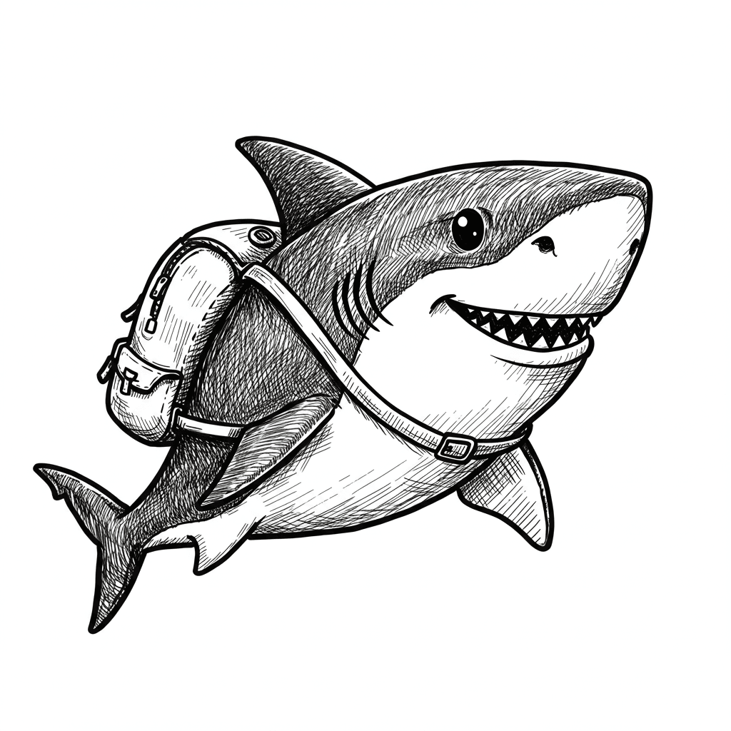 Haai Kleurplaat van een zwemmende Haai in zwart-wit, klaar om in te kleuren.