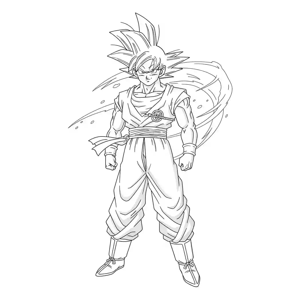 Goku kleurplaat schets kleurplaat van Goku in vechthouding met duidelijke lijnen om in te kleuren