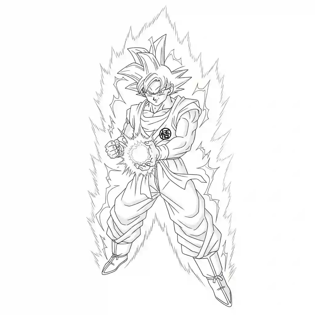 Goku kleurplaat schets kleurplaat van Goku in vechthouding met duidelijke lijnen om in te kleuren