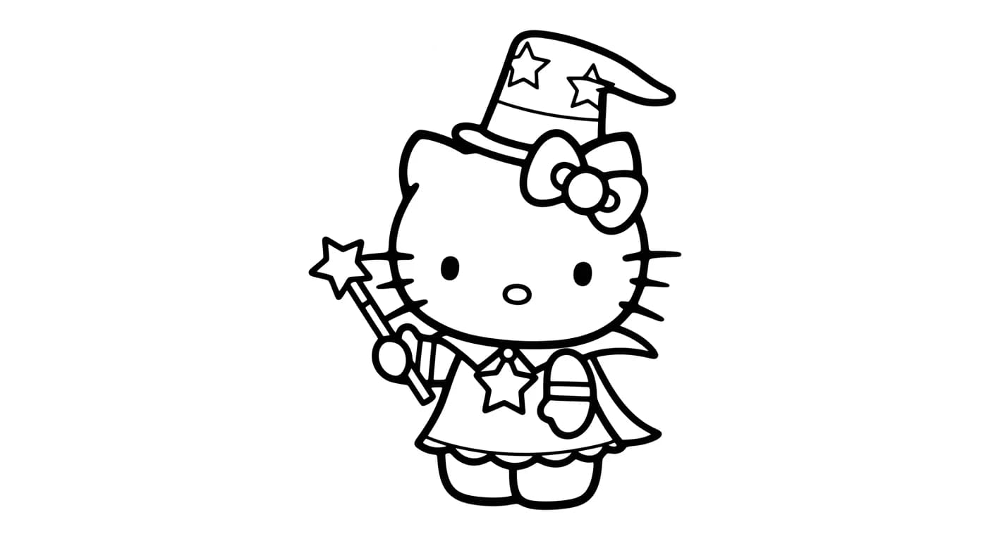 hello kitty Kleurplaat van hello kitty in een vrolijk en creatief thema om zelf in te kleuren.