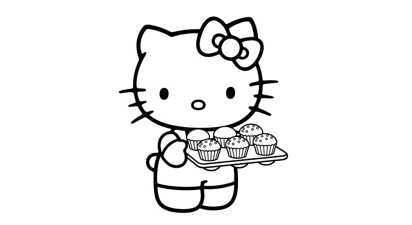 hello kitty Kleurplaat van hello kitty in een vrolijk en creatief thema om zelf in te kleuren.