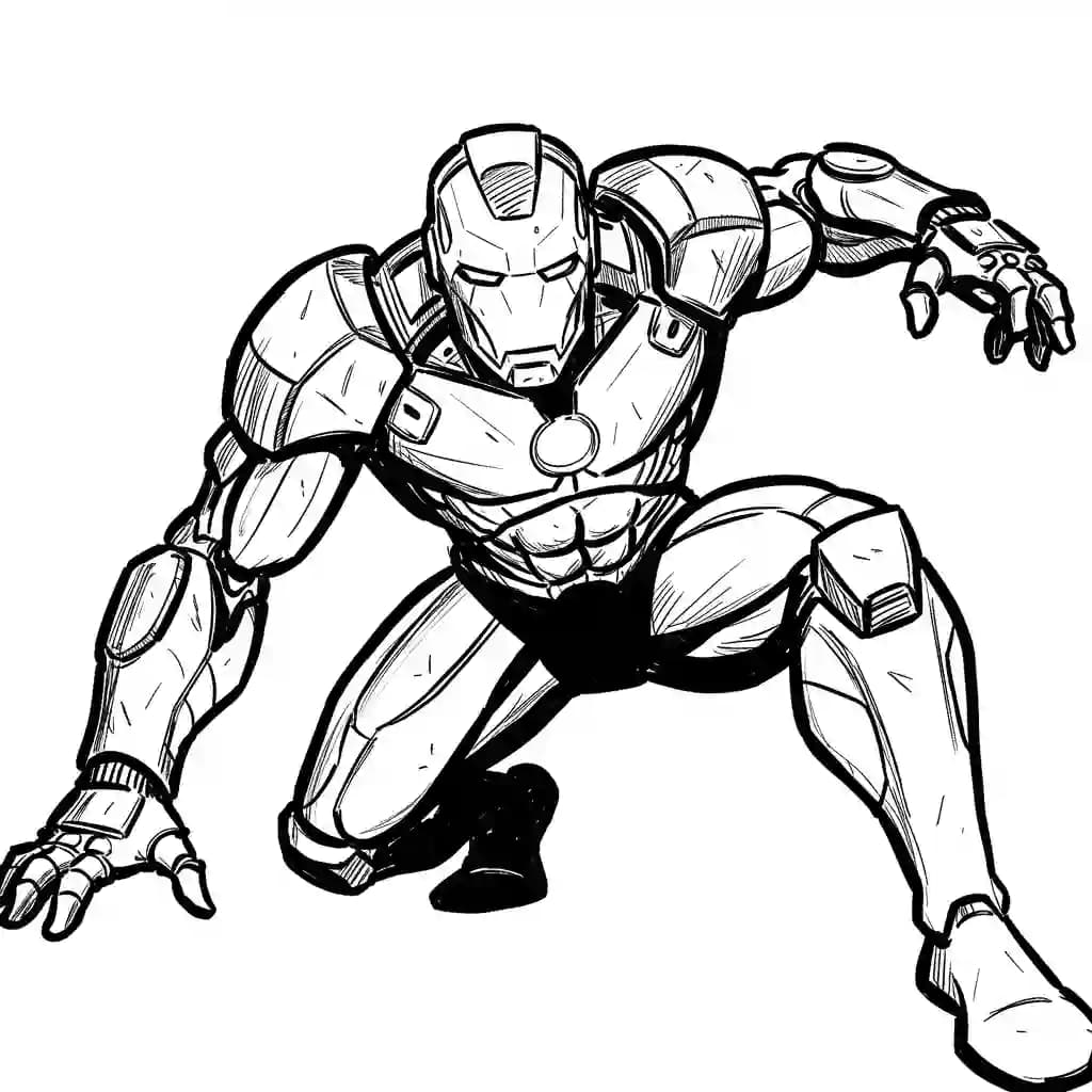 Iron Man Gratis kleurplaat van Iron Man in actie, leuk om zelf te printen en in te kleuren.