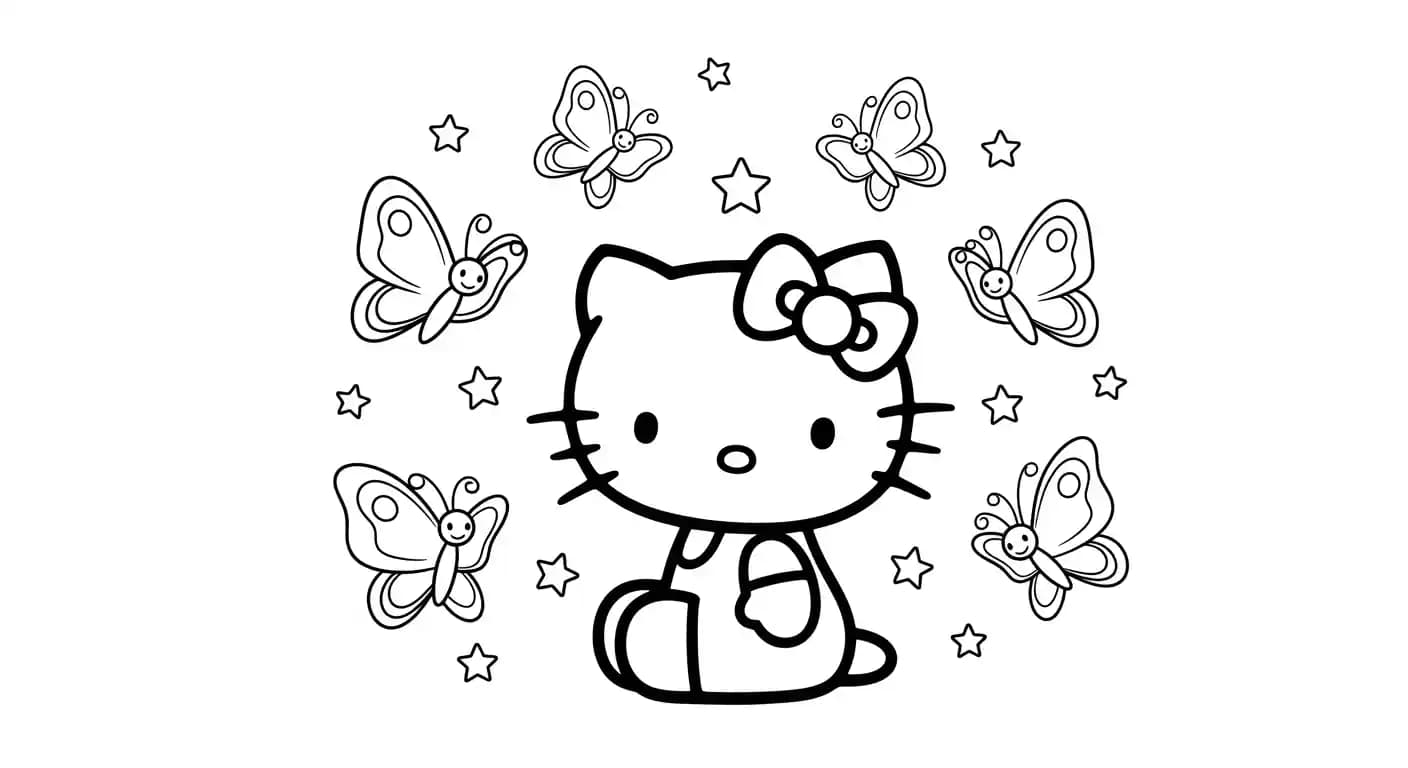 hello kitty Kleurplaat van hello kitty in een vrolijk en creatief thema om zelf in te kleuren.