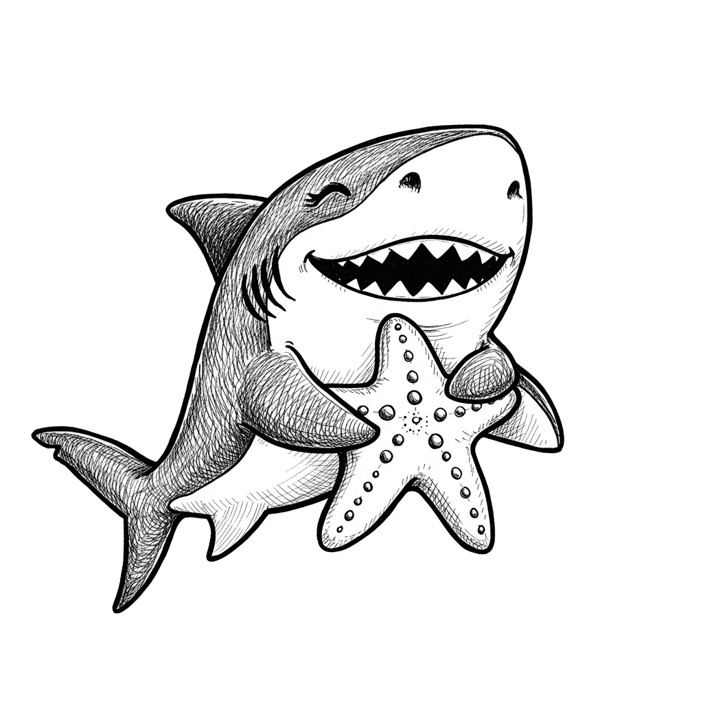 Haai Kleurplaat van een zwemmende Haai in zwart-wit, klaar om in te kleuren.